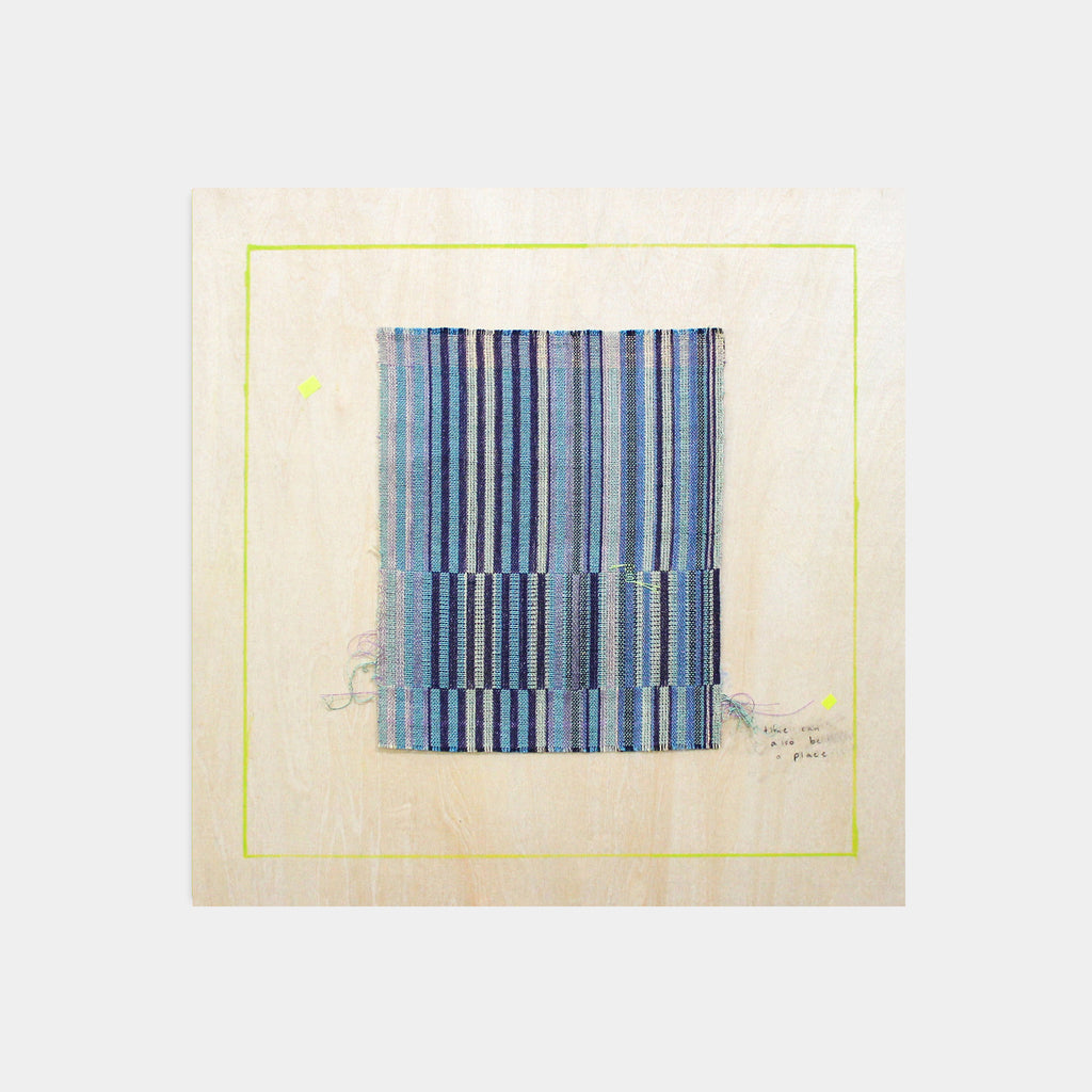 The artwork 'Reflector 4' by Molly Koehn features a geometric composition of vertical blue stripes arranged in a rhythmic pattern, handwoven with stainless steel, linen, silk, and nylon. The design creates a mesmerizing optical effect within a subtle lime-green border on cream-colored panel, showcasing contemporary textile artistry in 12x12 inches format.