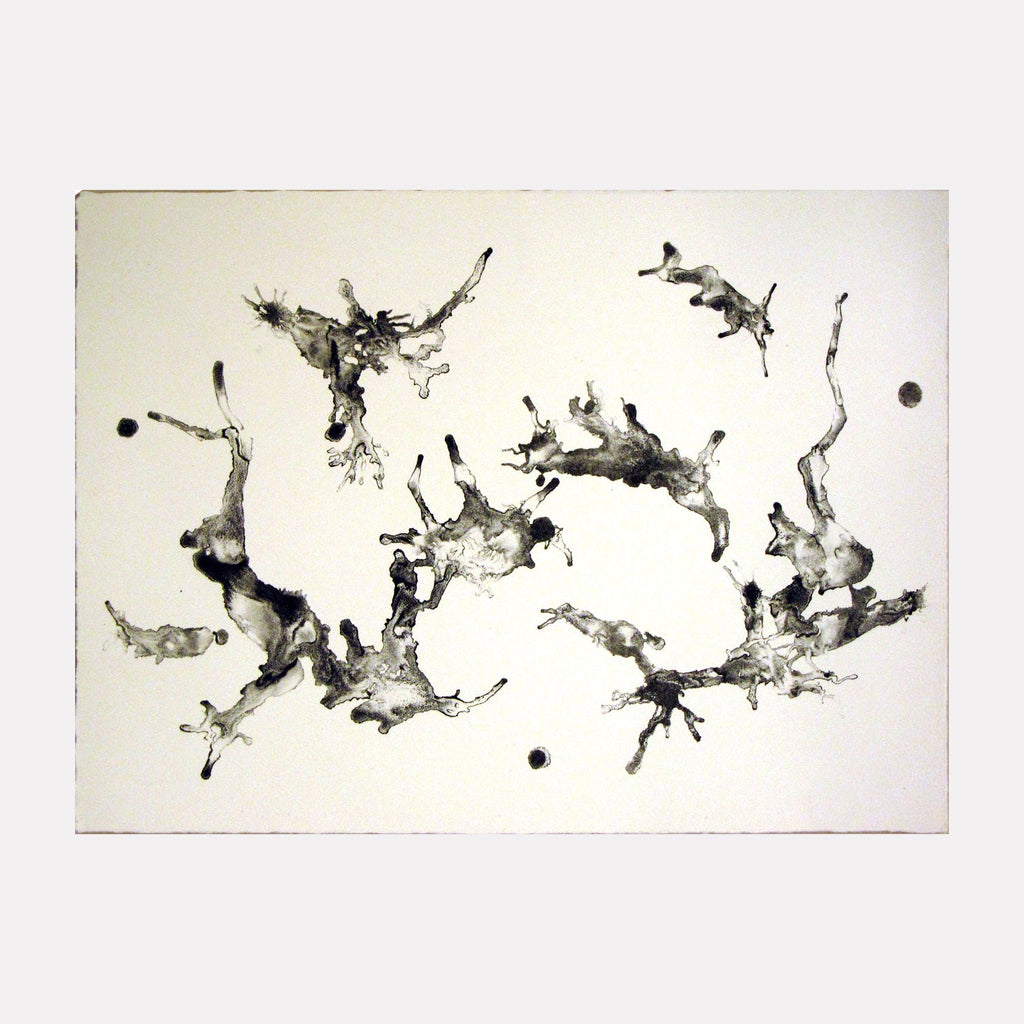 The artwork 'Seen and Unseen 5' by Sonomi Kobayashi features abstract black ink forms dancing across white paper. Dynamic splatters and fluid brushstrokes create ethereal shapes suggesting movement and transformation. The lithographic print, measuring 11x15 inches, displays a graceful interplay of light and shadow with delicate ink markings reminiscent of traditional Japanese calligraphy.