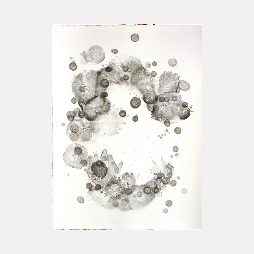 The artwork 'Seen and Unseen 4' by Sonomi Kobayashi features ethereal monochromatic ink splashes forming a curved, wreath-like pattern. Delicate gray watercolor circles and organic shapes float across white paper, creating a dreamy, abstract composition reminiscent of floating bubbles or celestial bodies in lithographic technique.
