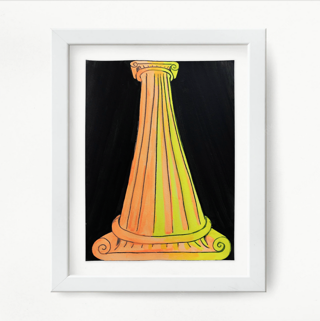 The artwork 'moodboard.columns' by Til Will features a striking classical column rendered in vibrant orange and yellow gradients against a deep black background. The Ionic-style column shows detailed linear elements and decorative scrolls, created with acrylic and ink on watercolor paper, presented in a crisp white frame.