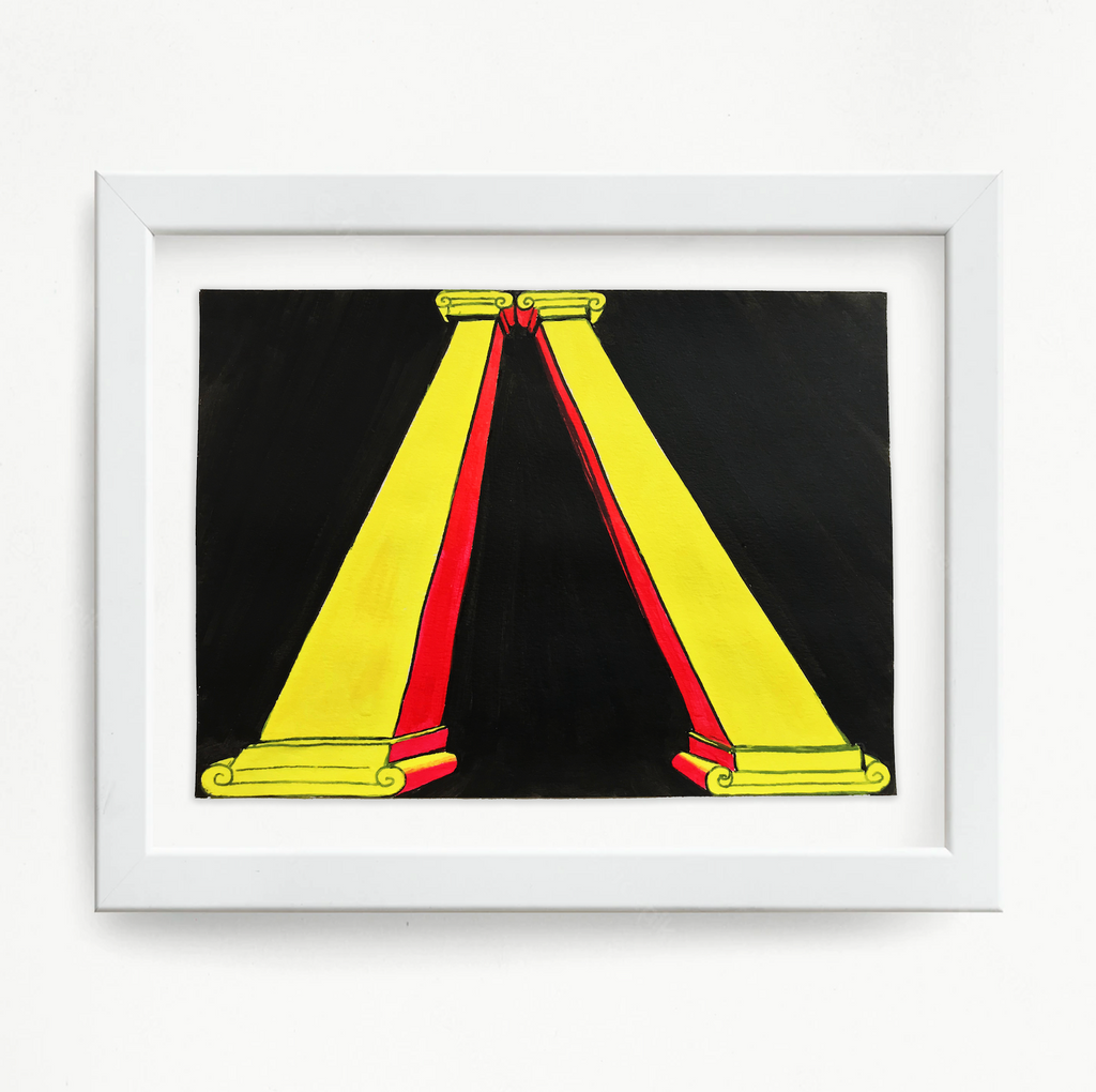 The artwork 'Columns (yellow)' by Til Will features two striking architectural columns rendered in bright yellow and red against a black background. The geometric composition shows symmetrical columns with decorative scroll-like bases and tops, creating an A-frame structure. Created with acrylic and ink on watercolor paper, the piece is displayed in a white frame.