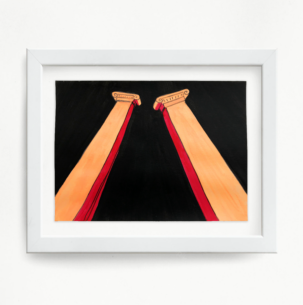 The artwork 'Columns (orange II)' by Til Will features two symmetrical classical columns in vibrant orange and red hues against a stark black background, rendered in acrylic and ink. The columns create a dramatic angular perspective, framed in clean white, showcasing a minimalist architectural composition. By Til Will.
