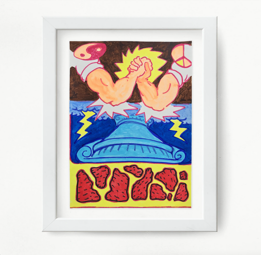 The artwork 'moodboard.yinyang.peace.II' by Til Will features a vibrant composition with interlocking hands against a dark background, floating above a stylized blue UFO with yellow lightning bolts. The bottom section displays abstract red shapes. Created with acrylic and ink on watercolor paper, the piece combines pop art and surrealist elements in a white frame. By Til Will.