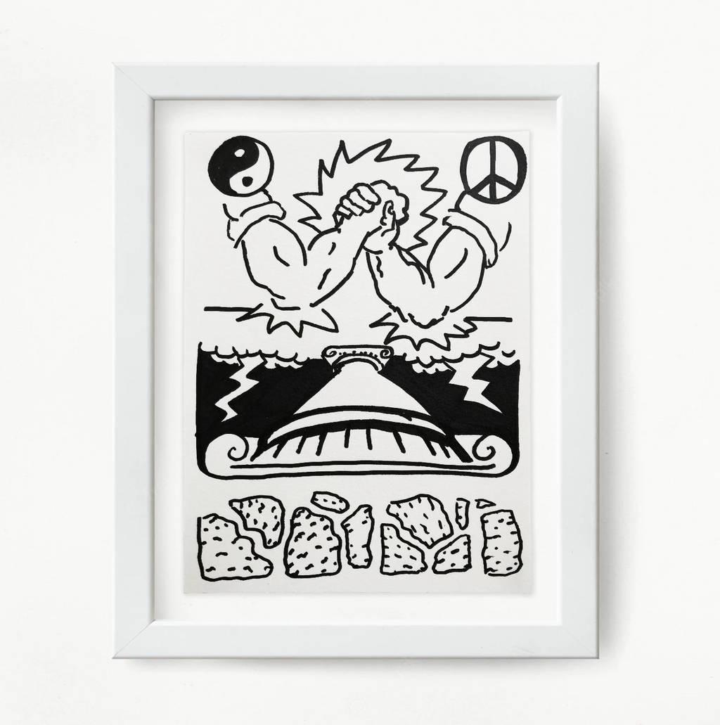 The artwork 'moodboard.yinyang.peace' by Til Will features a black and white ink illustration with two abstract bird-like figures, each adorned with yin-yang and peace symbols. Below them sits a stylized pyramid or temple structure with lightning bolts, and decorative geometric patterns at the bottom, all framed in white.