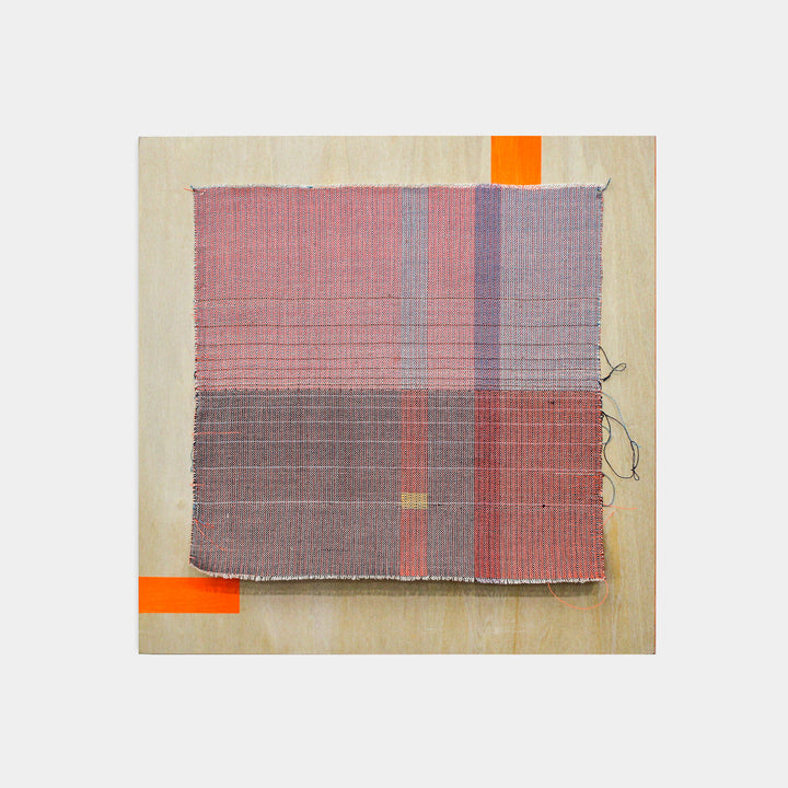 The artwork 'something about the weather 2' by Molly Koehn features a handwoven textile composition with geometric divisions in dusty pink and muted purple. The piece combines stainless steel, linen, silk, and nylon in a grid-like pattern with delicate colored pencil details on panel, accented by bright orange tape corners and subtle thread elements.