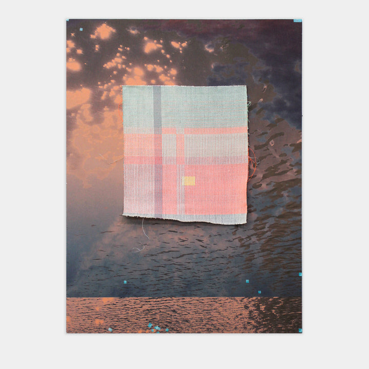 The artwork 'something about the weather 4' by Molly Koehn features a delicate handwoven square composition set against a dramatic stormy background. Mint green and coral pink textiles blend in geometric patterns, with a tiny yellow accent. The mixed-media piece combines stainless steel, linen, silk, and nylon with colored pencil details on panel, creating a striking contrast against the moody, textured dark backdrop.