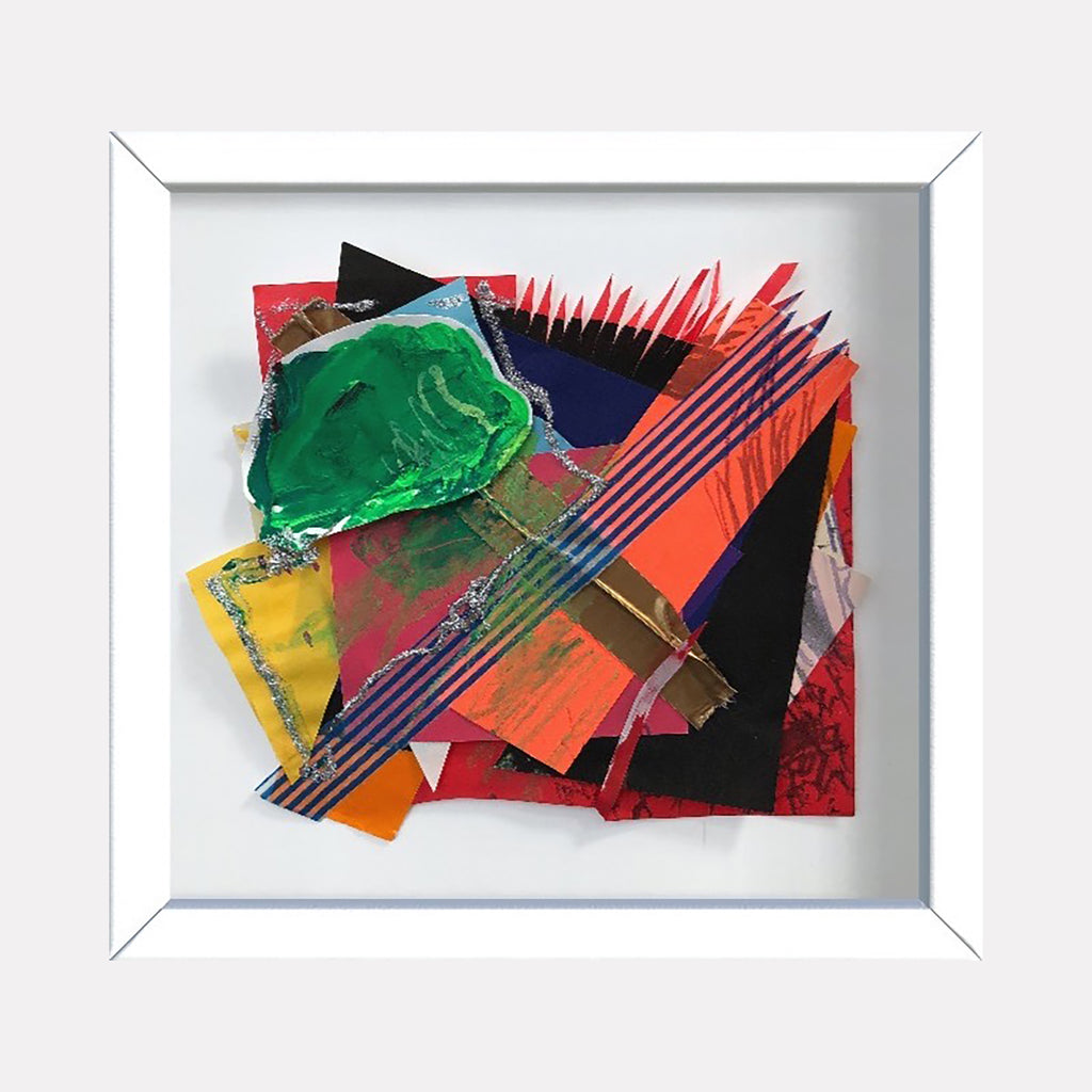 The artwork 'Origami Garden no.1' by Songyi Kim features a dynamic collage of layered paper elements, combining vibrant green, red, orange, and black geometric shapes. Parallel purple lines intersect diagonally across textured origami paper and washi tape, creating an abstract garden-inspired composition with bold color contrasts and mixed media elements. By Songyi Kim.