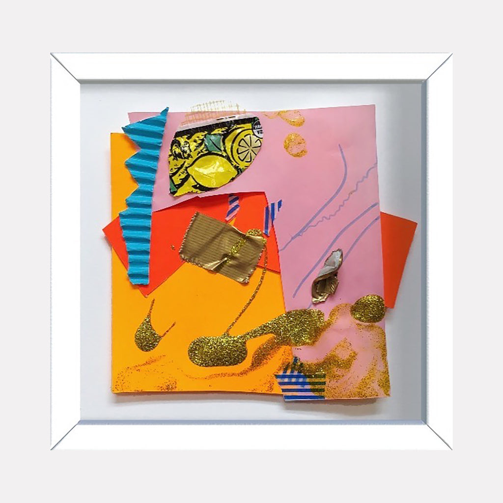 Origami Garden no.2 by Songyi Kim features a vibrant mixed media collage combining pink, orange, and blue tones with metallic gold accents. Abstract shapes and textured elements include pleated paper, washi tape patterns, and glittering details arranged in a dynamic composition. The 6x6 inch artwork showcases layered paper techniques and playful geometric forms.