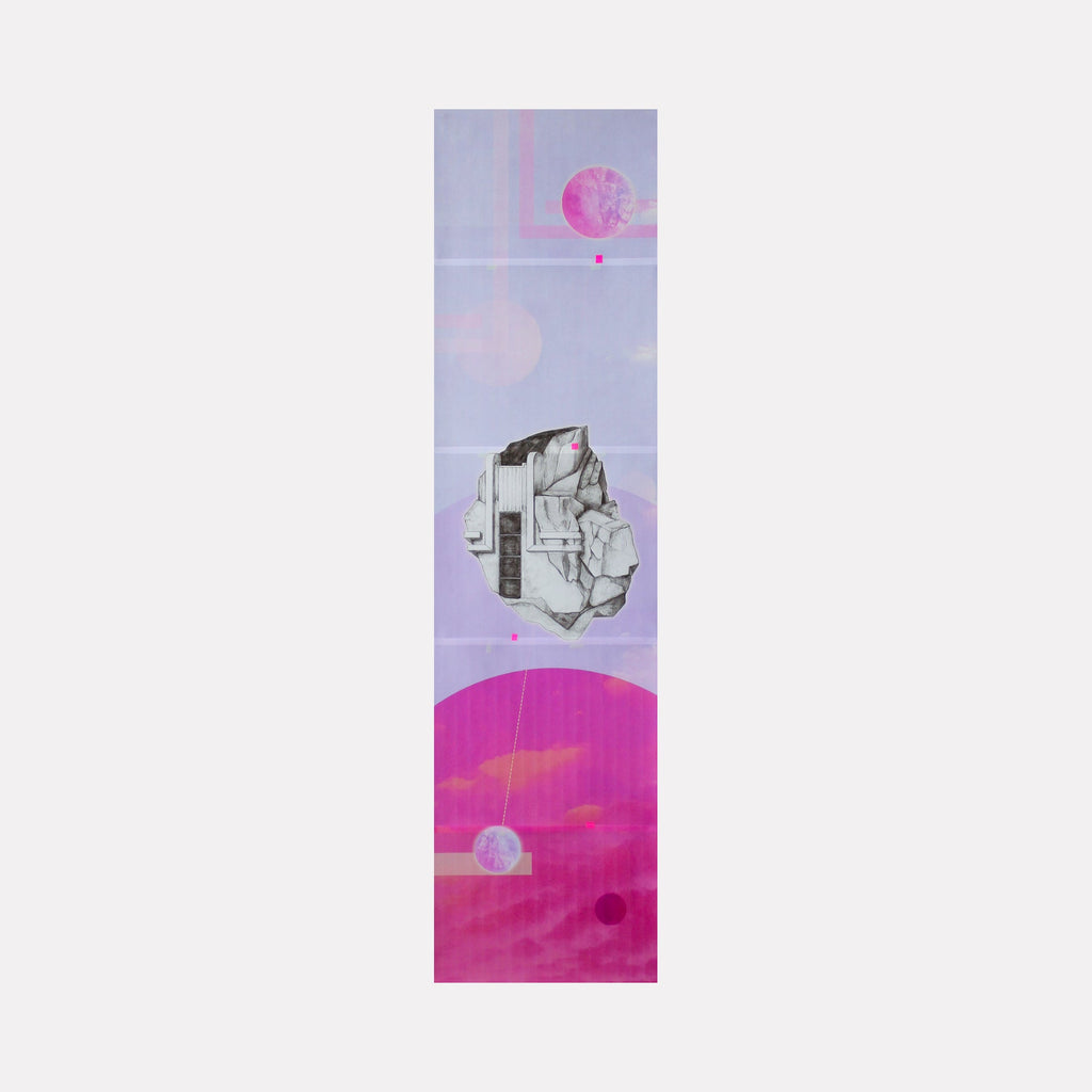 The artwork 'Speculation 01' by Molly Koehn features a vertical composition with a crystalline geometric form floating in a dreamy lavender and magenta atmosphere. A bright pink circular form dominates the lower portion, while delicate spherical elements and translucent layers create depth through digital collage on vellum with tape accents