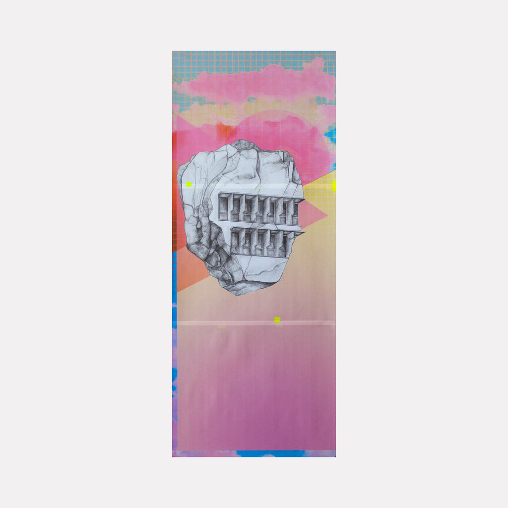 The artwork 'Speculation 02' by Molly Koehn features a detailed pencil drawing of classical architecture with columns floating against a vibrant backdrop of pink, coral, and purple gradients. The architectural fragment appears as a torn paper collage effect, enhanced by blue accents and yellow dots, printed on delicate vellum with visible grid lines.