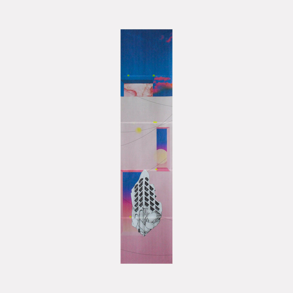 The artwork 'Speculation 04 Blue' by Molly Koehn features a vertical composition with a geometric building fragment floating against a gradient background of deep blue, pink, and gray. Thin linear elements intersect across the composition, while digital collage techniques blend architectural elements with abstract color fields, printed on vellum with tape accents.