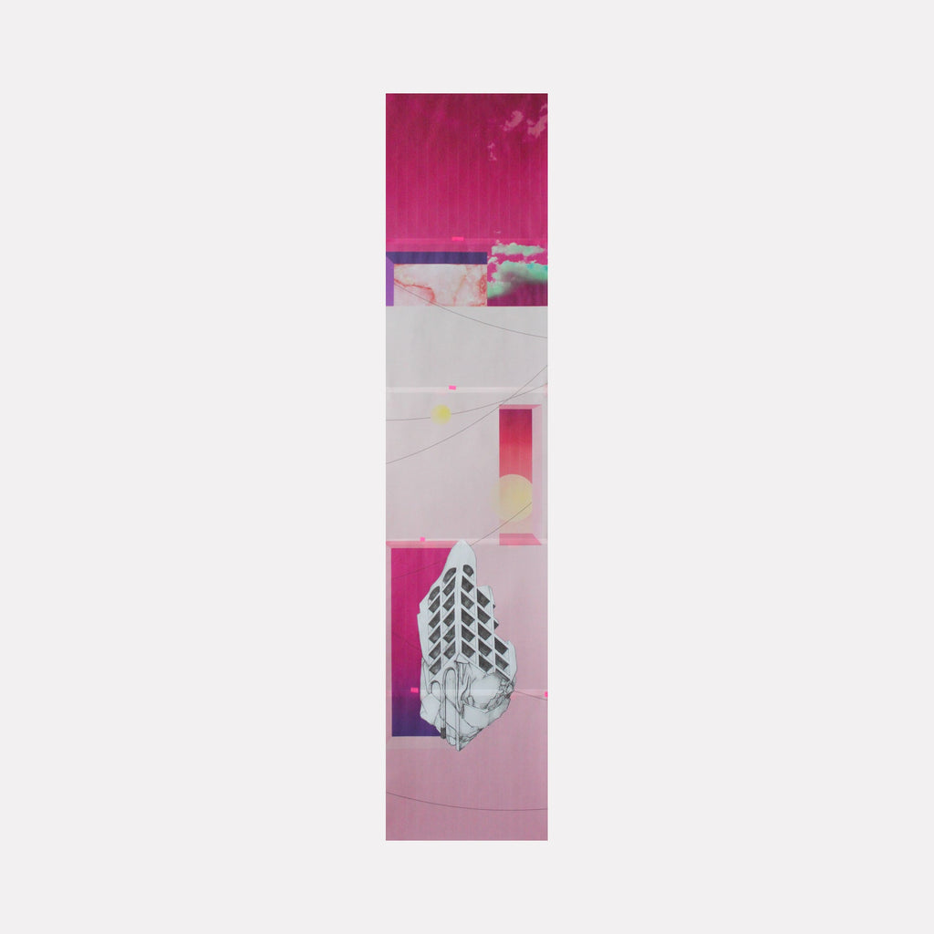 The artwork 'Speculation 04 Pink' by Molly Koehn features a vertical composition with vibrant pink gradient backgrounds intersected by white geometric spaces. A central architectural structure appears in grayscale with geometric patterns, surrounded by delicate line work and subtle turquoise accents. Mixed media collage combines inkjet printing on vellum with tape elements.