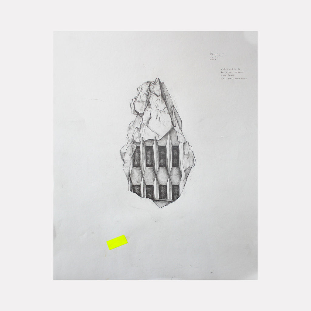The artwork 'Sun Plaza' by Molly Koehn features a detailed graphite drawing on paper depicting an architectural fragment with geometric columns visible through a jagged, rock-like opening. The monochromatic piece showcases precise linework and shading, creating depth and texture in the brutalist-inspired structure. A small fluorescent yellow mark appears below the central composition. By Molly Koehn.