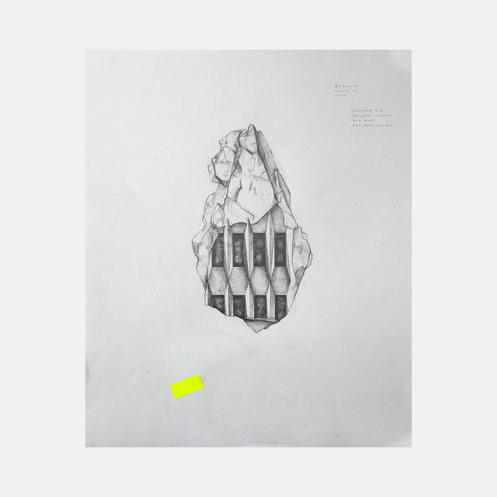 The artwork 'Sun Plaza' by Molly Koehn features a detailed graphite drawing on paper depicting an architectural fragment with geometric columns visible through a jagged, rock-like opening. The monochromatic piece showcases precise linework and shading, creating depth and texture in the brutalist-inspired structure. A small fluorescent yellow mark appears below the central composition. By Molly Koehn.