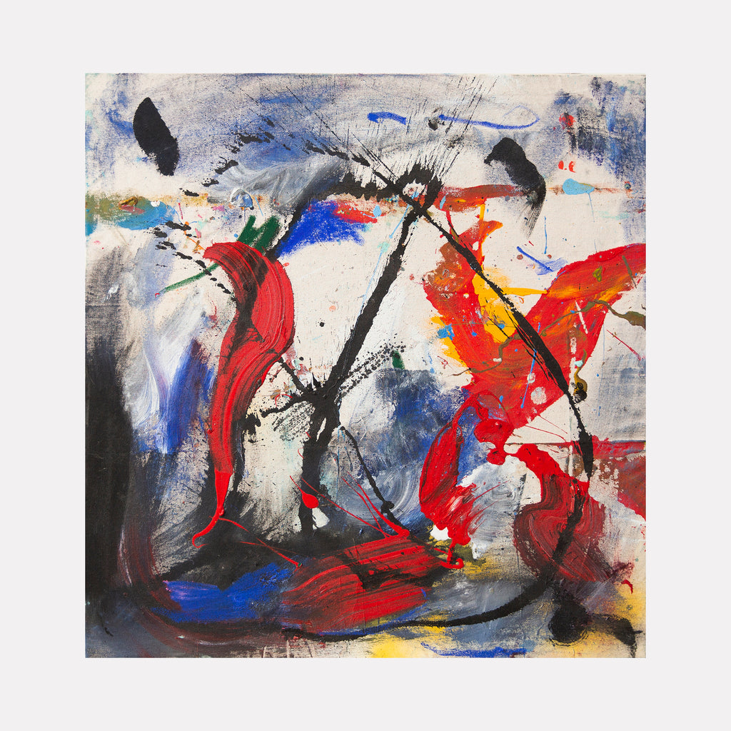 The artwork 'The Elements' by Cavier Coleman features dynamic abstract expressionism with bold sweeping strokes of vibrant red, royal blue, and yellow against a textured gray background. Black gestural marks create movement through the composition, while splashes and drips add spontaneous energy. Mixed media technique combines acrylic, ink, and oil pastel on canvas. By Cavier Coleman.