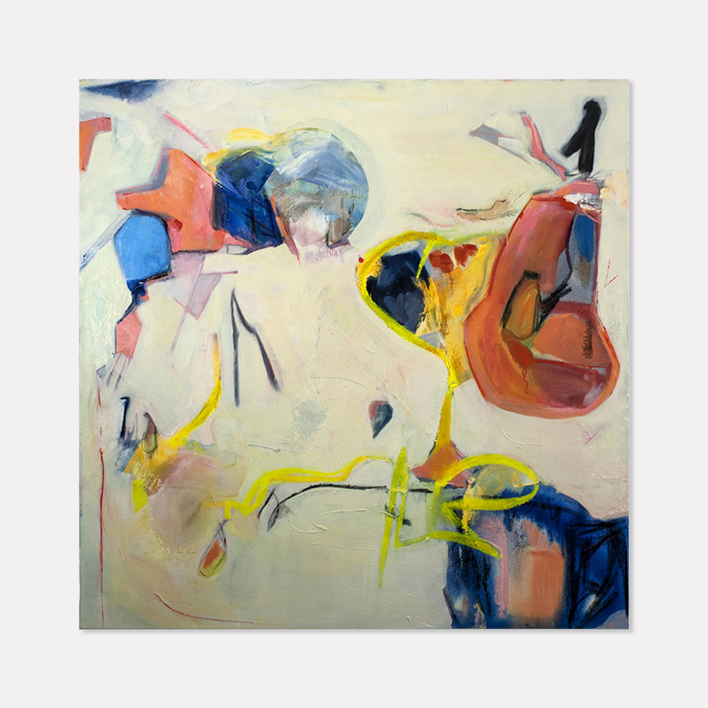 The artwork 'Three Weeks Later' by Gail Winbury features dynamic abstract composition with vibrant coral, deep blue, and yellow forms floating against a creamy off-white background. Bold brushstrokes and gestural marks create movement through organic shapes, while charcoal lines add depth and texture. The oil and pigment stick technique creates rich layered effects on linen canvas.