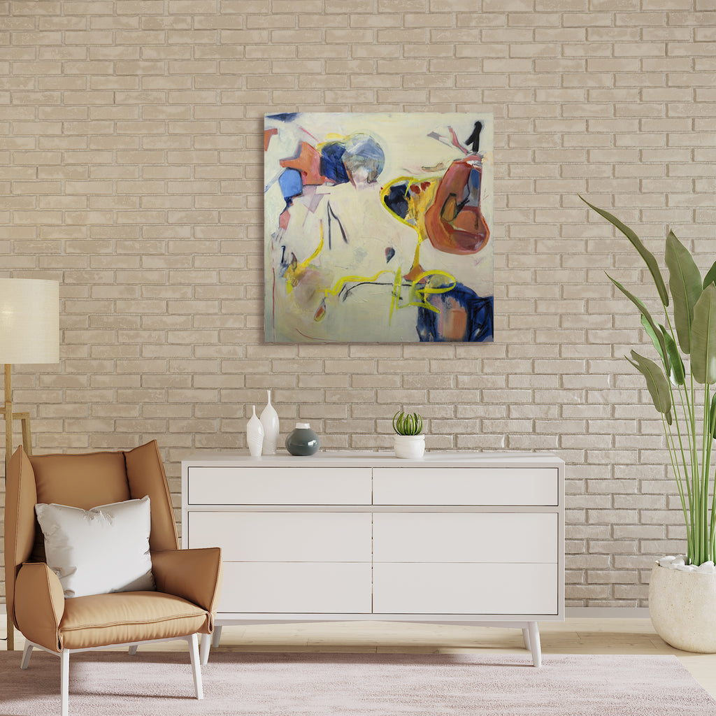 The artwork 'Three Weeks Later' by Gail Winbury features dynamic abstract expressionist composition with sweeping brushstrokes in blue, yellow, and rust tones against a creamy background. Bold gestural marks in oil, pigment stick, and charcoal create movement and energy across the 38x38 inch linen canvas. The interplay of colors and textures suggests both spontaneity and careful artistic intention.